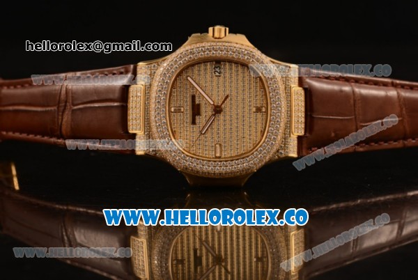 Patek Philippe Nautilus Miyota 9015 Automatic Diamonds/Yellow Gold Case with Diamonds Dial and Brown Leather Strap (AAAF) - Click Image to Close